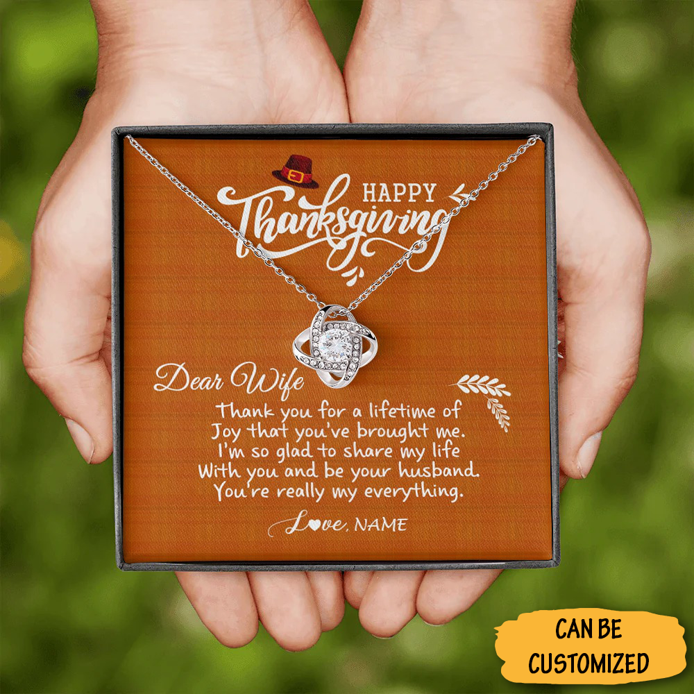 Custom Dear Wife Happy Thanksgiving Necklace Love Knot Pendant Silver Necklace Thanksgiving Gift For Wife Custom Dear Wife Happy Thanksgiving Necklace Love Knot Pendant Silver Necklace Thanksgiving Gift For Wife
