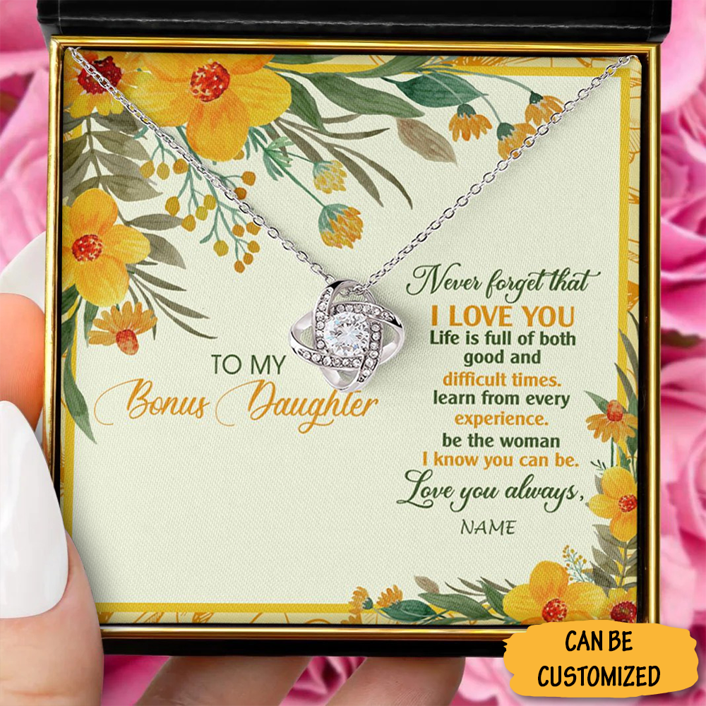 Custom To My Bonus Daughter Love Knot Necklace From Mom Dad Never Forget That I Love You Necklace Gift Box Custom To My Bonus Daughter Love Knot Necklace From Mom Dad Never Forget That I Love You Necklace Gift Box