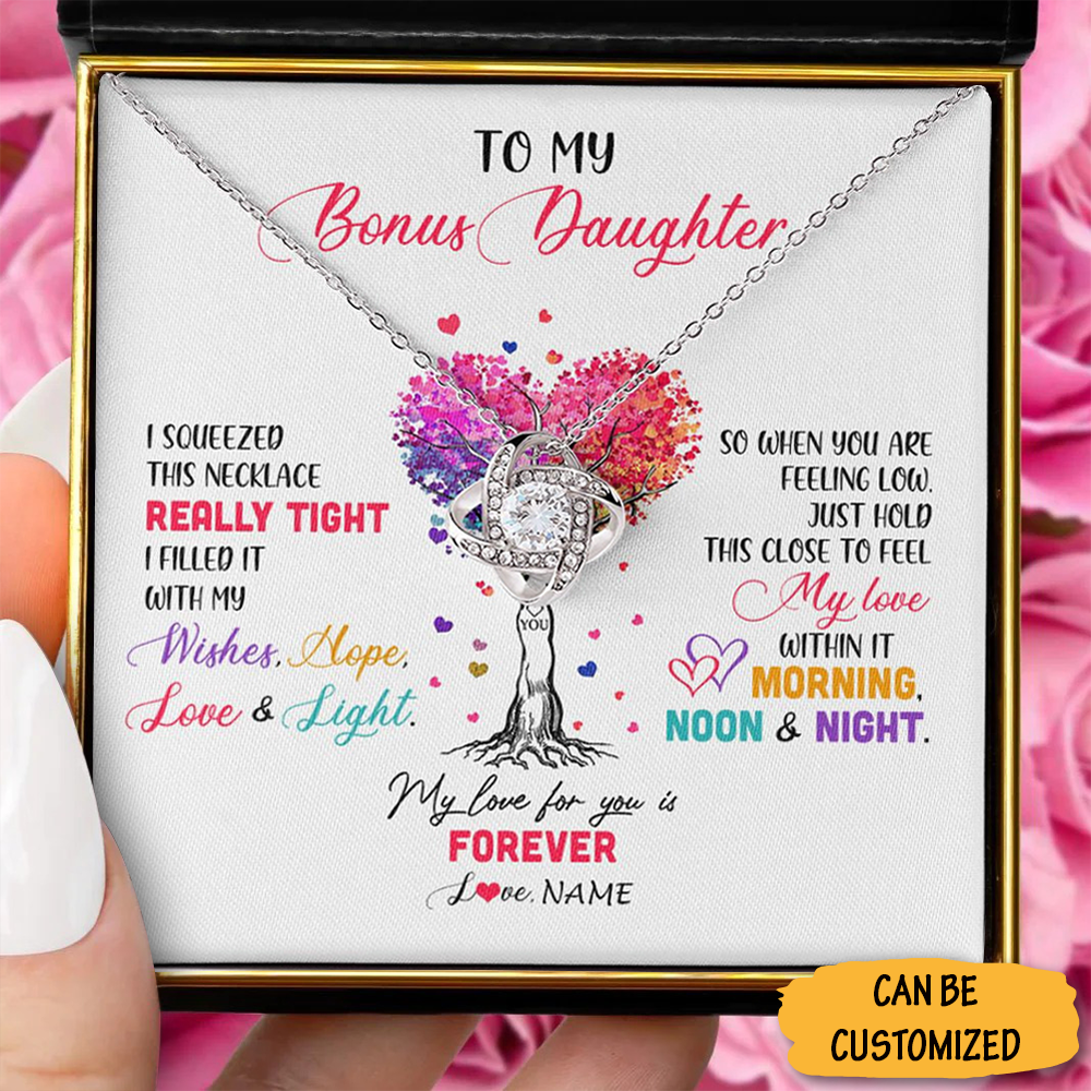 Custom To My Bonus Daughter Love Knot Necklace With Message For Giving A Necklace Birthday For Bonus Daughter Custom To My Bonus Daughter Love Knot Necklace With Message For Giving A Necklace Birthday For Bonus Daughter