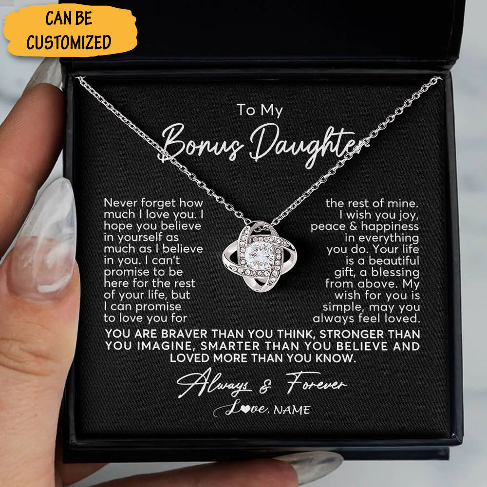 Custom To My Bonus Daughter Necklace Mom Dad Sterling Silver Love Knot Necklace With Message Card Gifts Custom To My Bonus Daughter Necklace Mom Dad Sterling Silver Love Knot Necklace With Message Card Gifts