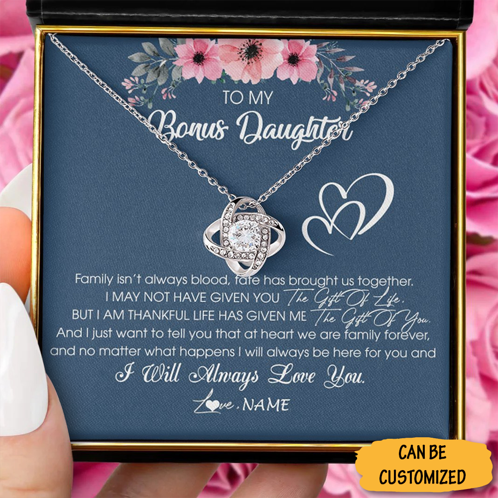 Custom To My Bonus Daughter Necklace Sterling Silver Love Knot Necklace With Meaningful Messages Card Custom To My Bonus Daughter Necklace Sterling Silver Love Knot Necklace With Meaningful Messages Card
