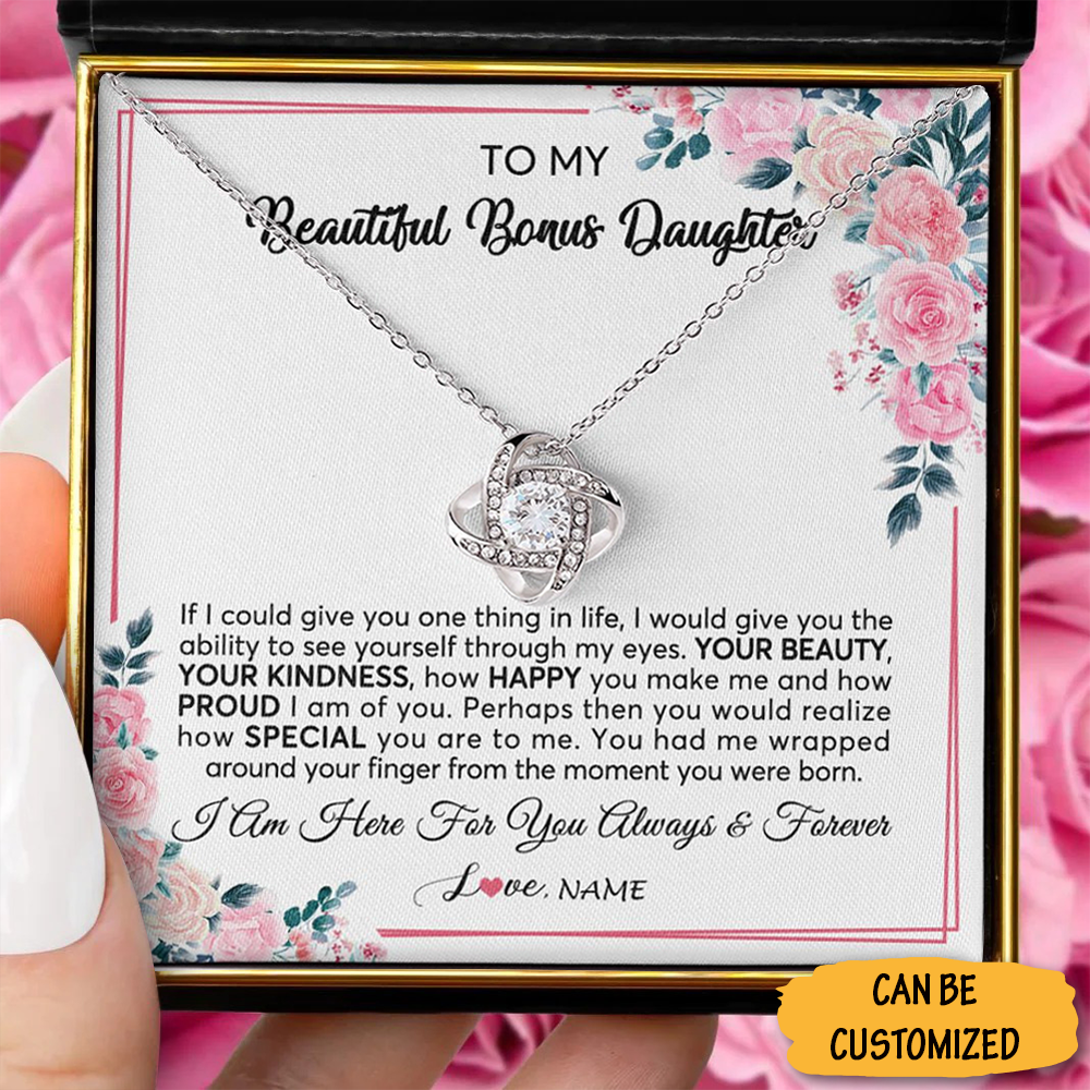 Personalized To My Beautiful Bonus Daughter Necklace Love Knot Necklace Message Jewelry Unique Gifts Personalized To My Beautiful Bonus Daughter Necklace Love Knot Necklace Message Jewelry Unique Gifts