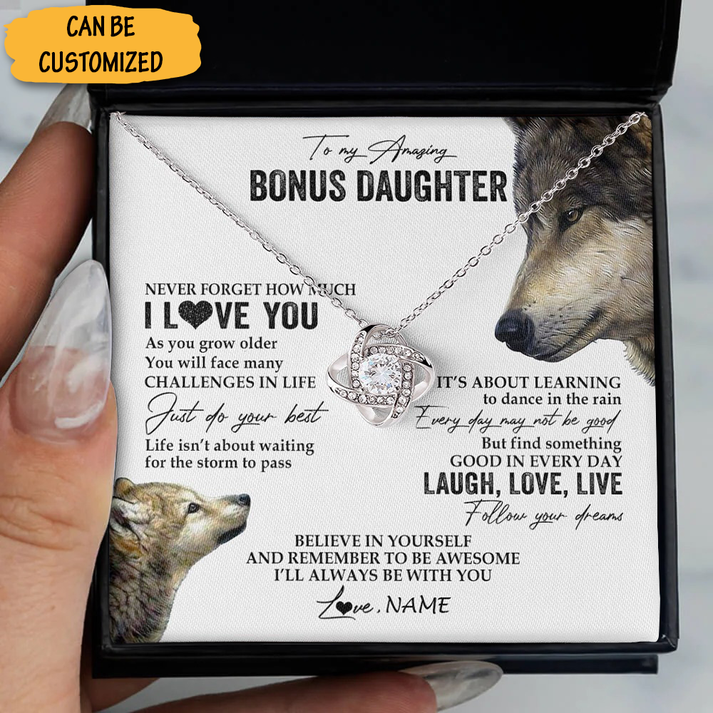 Personalized Wolf To My Bonus Daughter Necklace From Dad Silver Love Knot Pendant Necklace Message Jewelry Personalized Wolf To My Bonus Daughter Necklace From Dad Silver Love Knot Pendant Necklace Message Jewelry