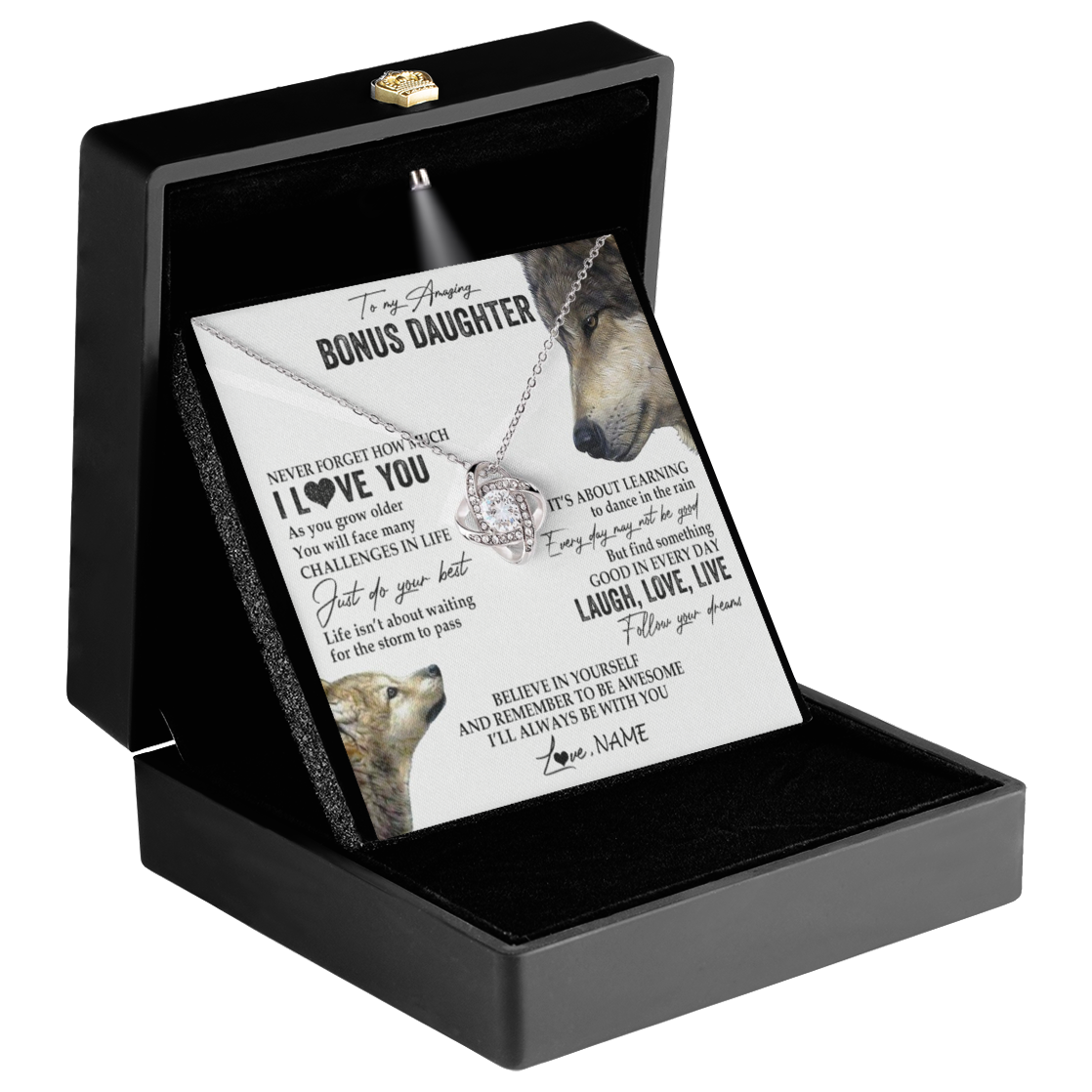 Personalized Wolf To My Bonus Daughter Necklace From Dad Silver Love Knot Pendant Necklace Message Jewelry Personalized Wolf To My Bonus Daughter Necklace From Dad Silver Love Knot Pendant Necklace Message Jewelry