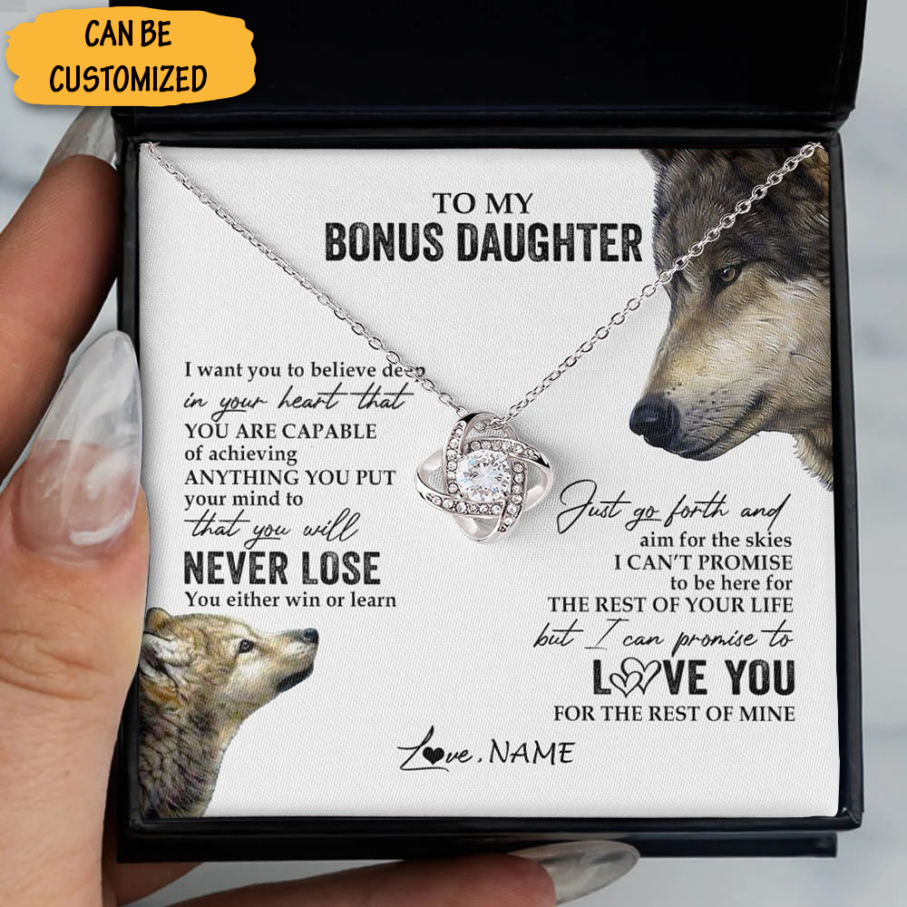Personalized Wolf To My Bonus Daughter Necklace Sterling Silver Love Knot Pendant Necklace With Message Card Personalized Wolf To My Bonus Daughter Necklace Sterling Silver Love Knot Pendant Necklace With Message Card