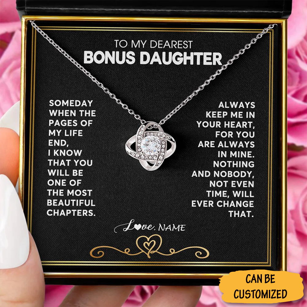 Custom To My Dearest Bonus Daughter Love Knot Necklace Personalised Necklace With Message Jewelry Box Custom To My Dearest Bonus Daughter Love Knot Necklace Personalised Necklace With Message Jewelry Box