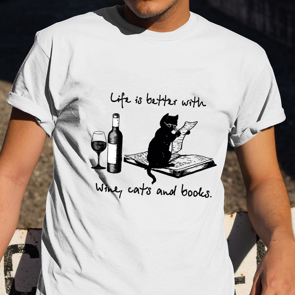 Life Is Better With Wine Cats Book Shirt Wine Graphic Tee Book Lover Shirts For Cat Lover Life Is Better With Wine Cats Book Shirt Wine Graphic Tee Book Lover Shirts For Cat Lover