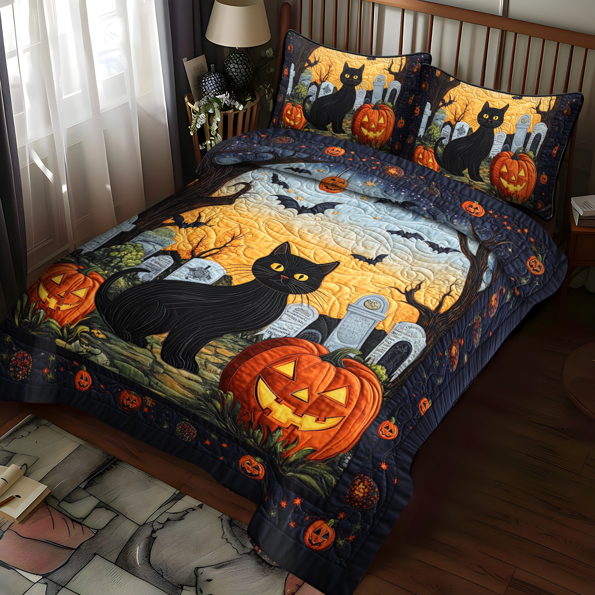 Spooky Cat Halloween Quilted Bedding Set Cat Halloween Themed Gifts Spooky Cat Halloween Quilted Bedding Set Cat Halloween Themed Gifts