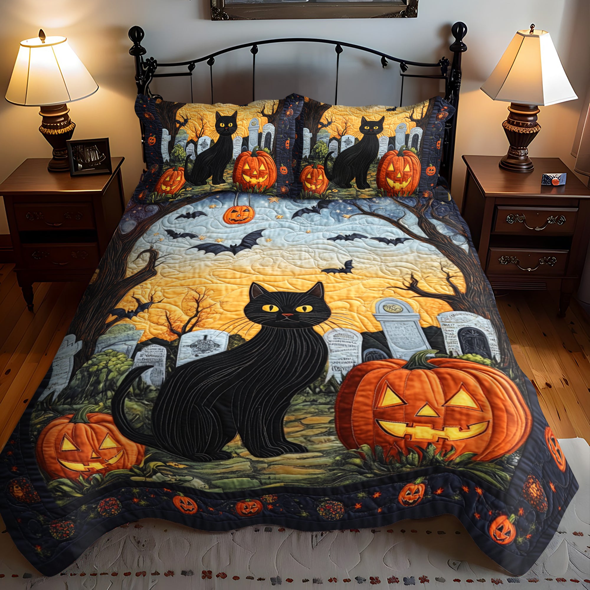 Spooky Cat Halloween Quilted Bedding Set Cat Halloween Themed Gifts Spooky Cat Halloween Quilted Bedding Set Cat Halloween Themed Gifts